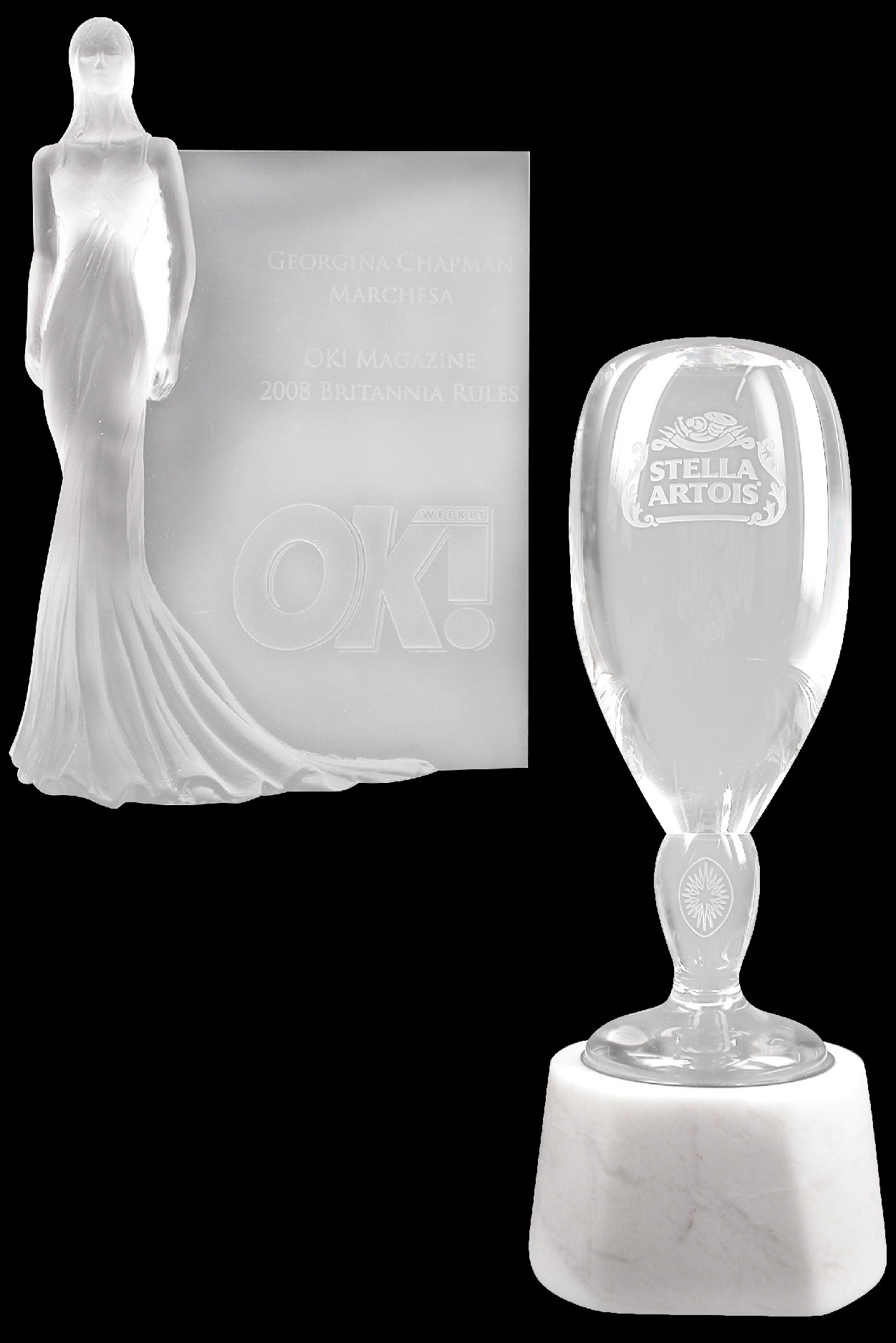 Custom crystal awards with etching for OK! Magazine, and Stella Artoise beer